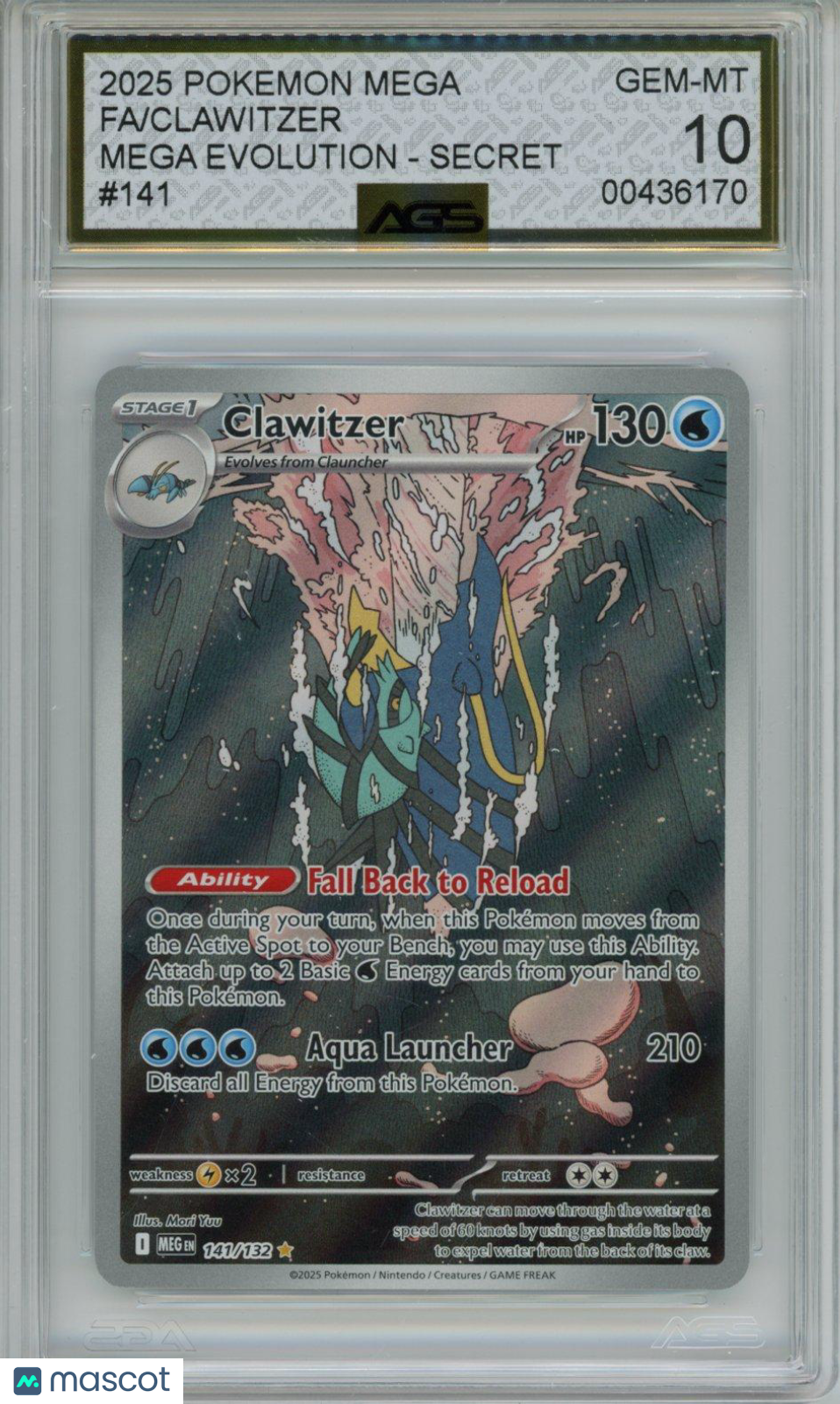 2025 Pokemon MEGA EVOLUTION Clawitzer #141 AGS 10