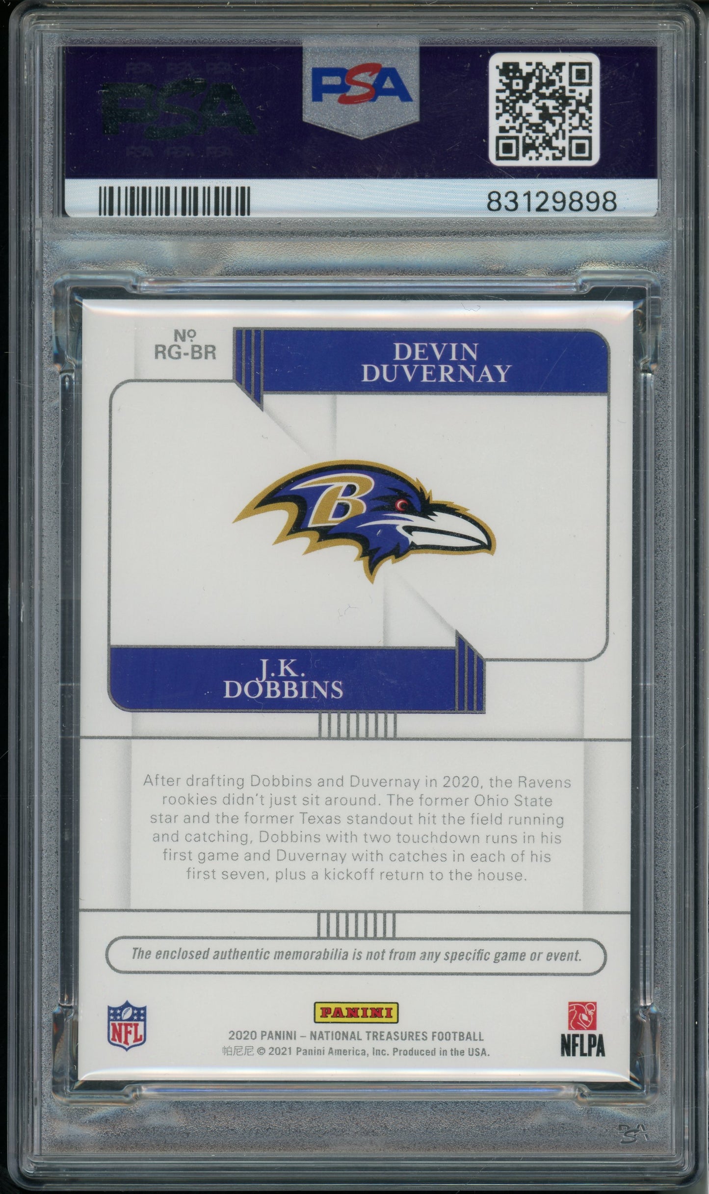 2020 National Treasures Dobbins Duvernay Rookie NFL Laundry Shield PSA 8 RPA 1/1