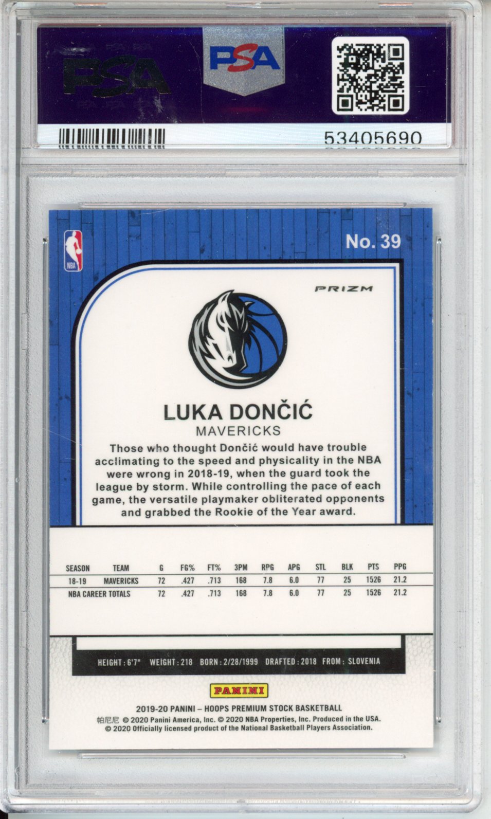 2019 Panini Hoops Premium Stock Luka Doncic #39 Pulsar PSA 10