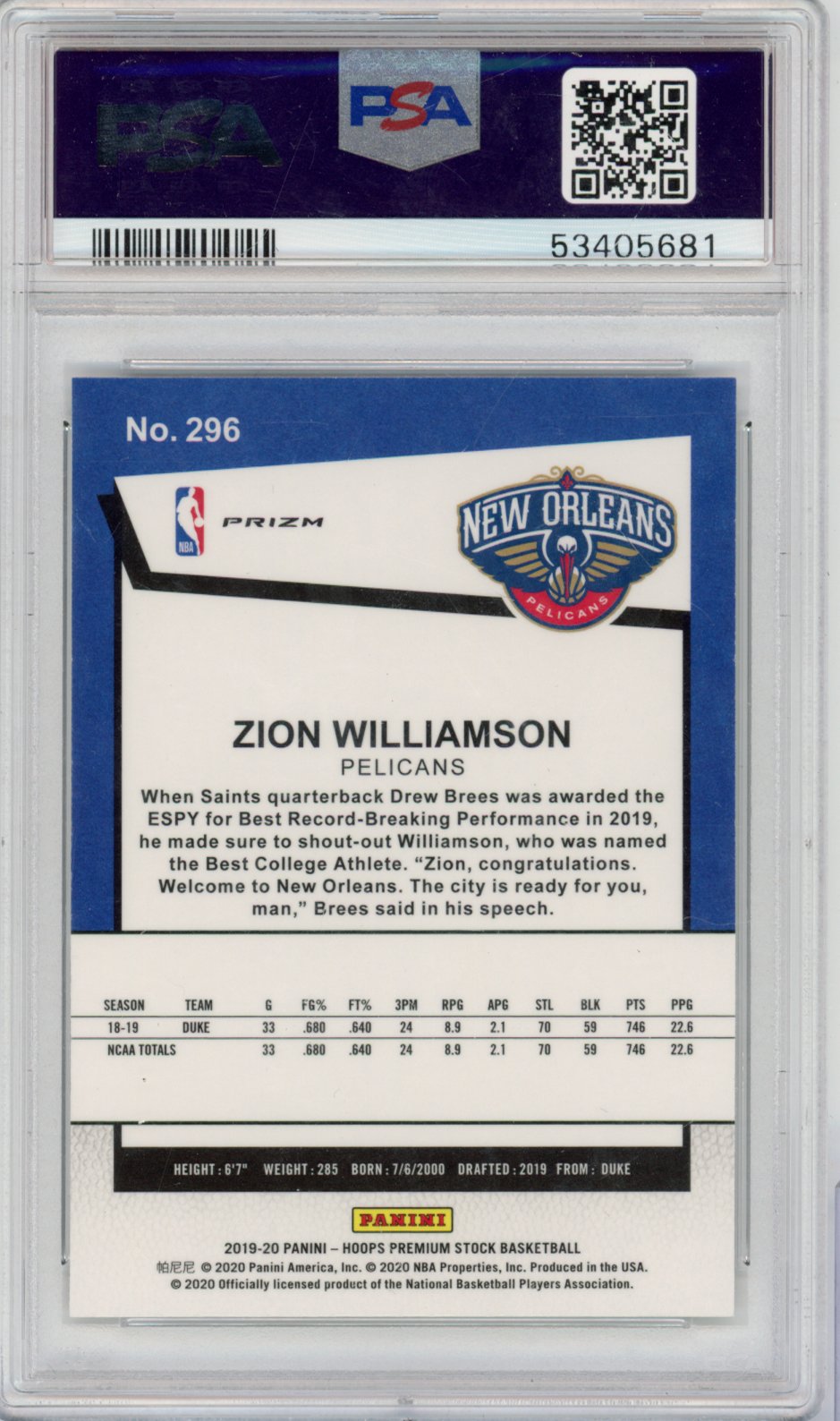 2019 Panini Panini Panini Panini Zion Williamson Panini Hoops Premium Stock Tribute Basketball #296 Pulsar English PSA 10