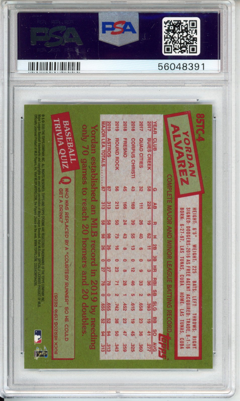 2020 Ben Baller Chrome 1985 Topps Yordan Alvarez #85TC4 PSA 10