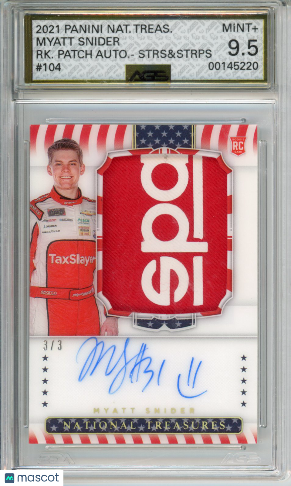 Racing 2021 PANINI NATIONAL TREASURE MYATT SNIDER #104 patch auto AGS 9.5