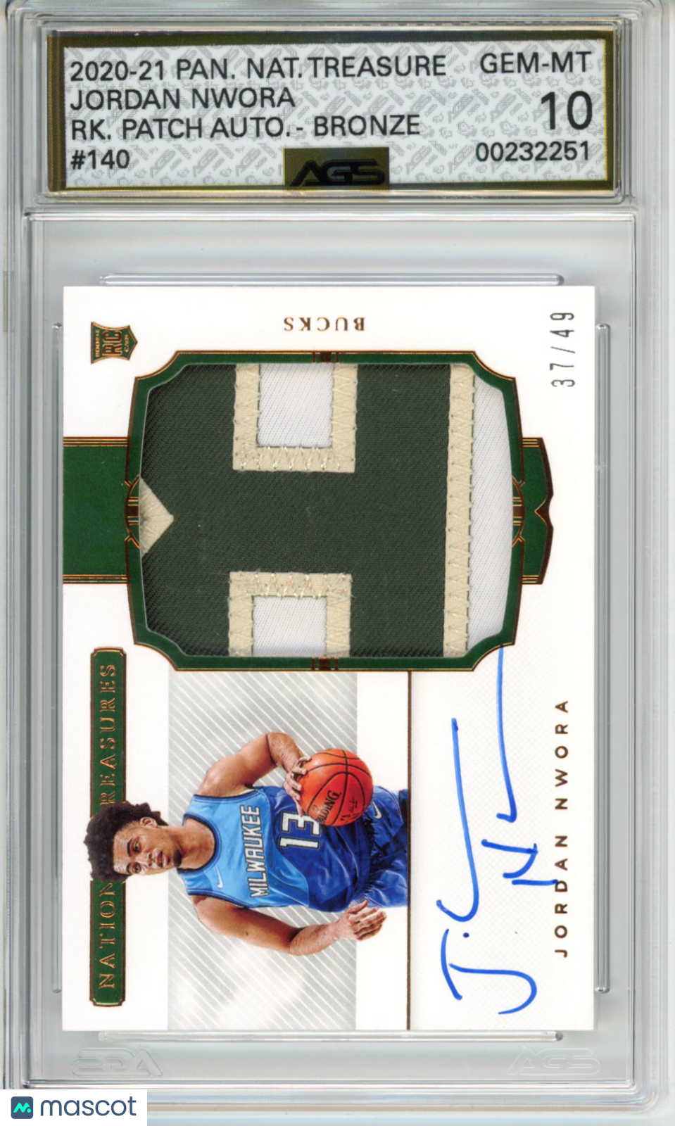 2020-21 Panini National Treasures Jordan Nwora #140 /49 RPA AGS 10