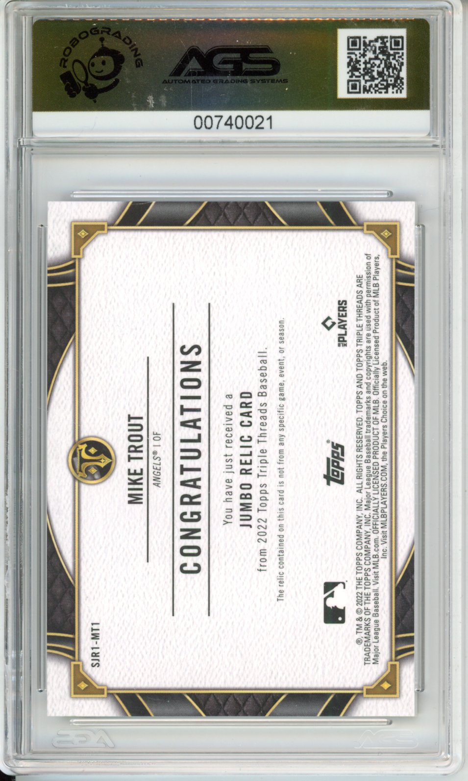 2022 Topps Triple Threads MIKE TROUT #SJR1-MT1 JUMBO RELICS - GOLD AGS 9.5