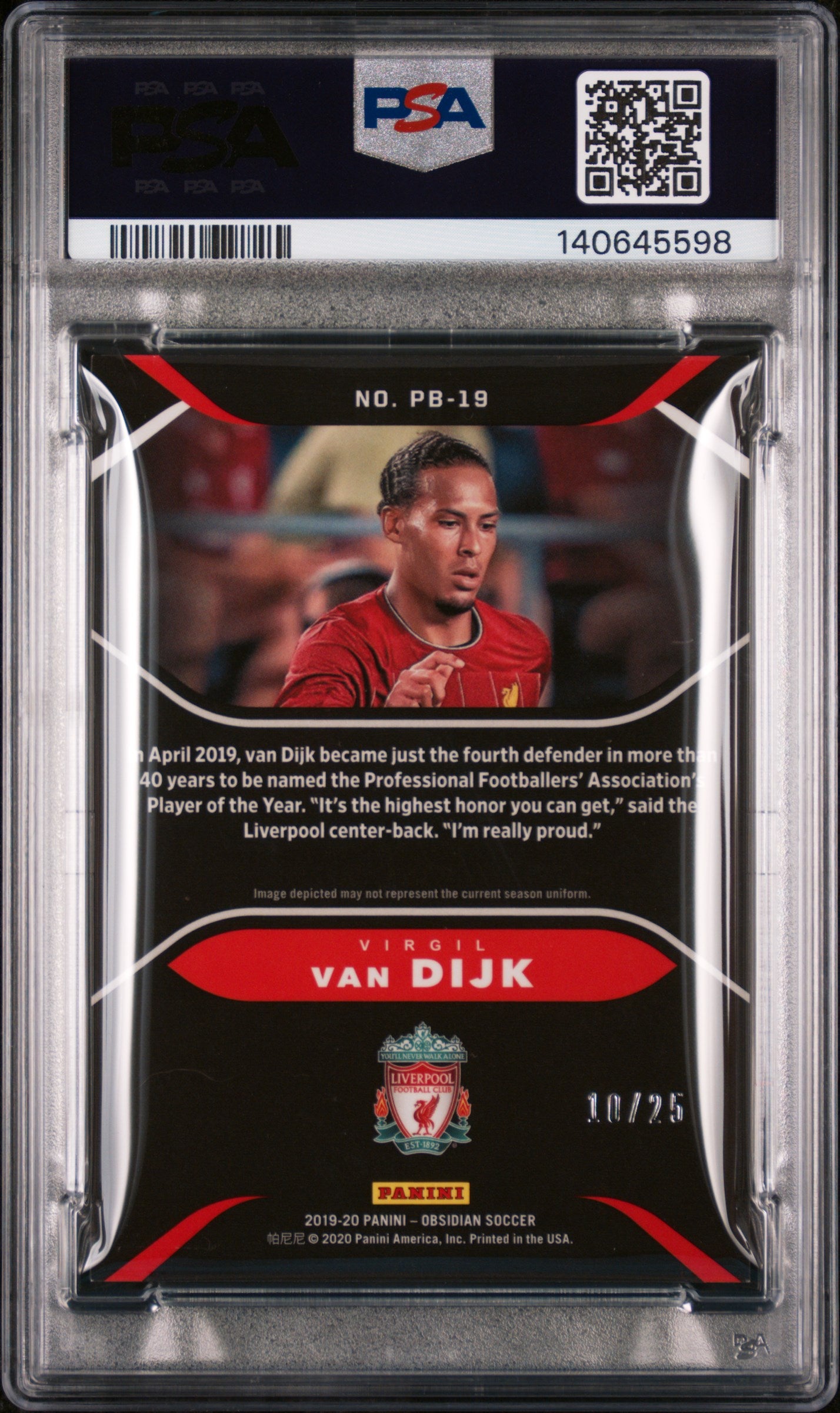2019 unknown Panini Obsidian Pitch Black Virgil Van Dijk Electric Etch Green PB19 English PSA 7