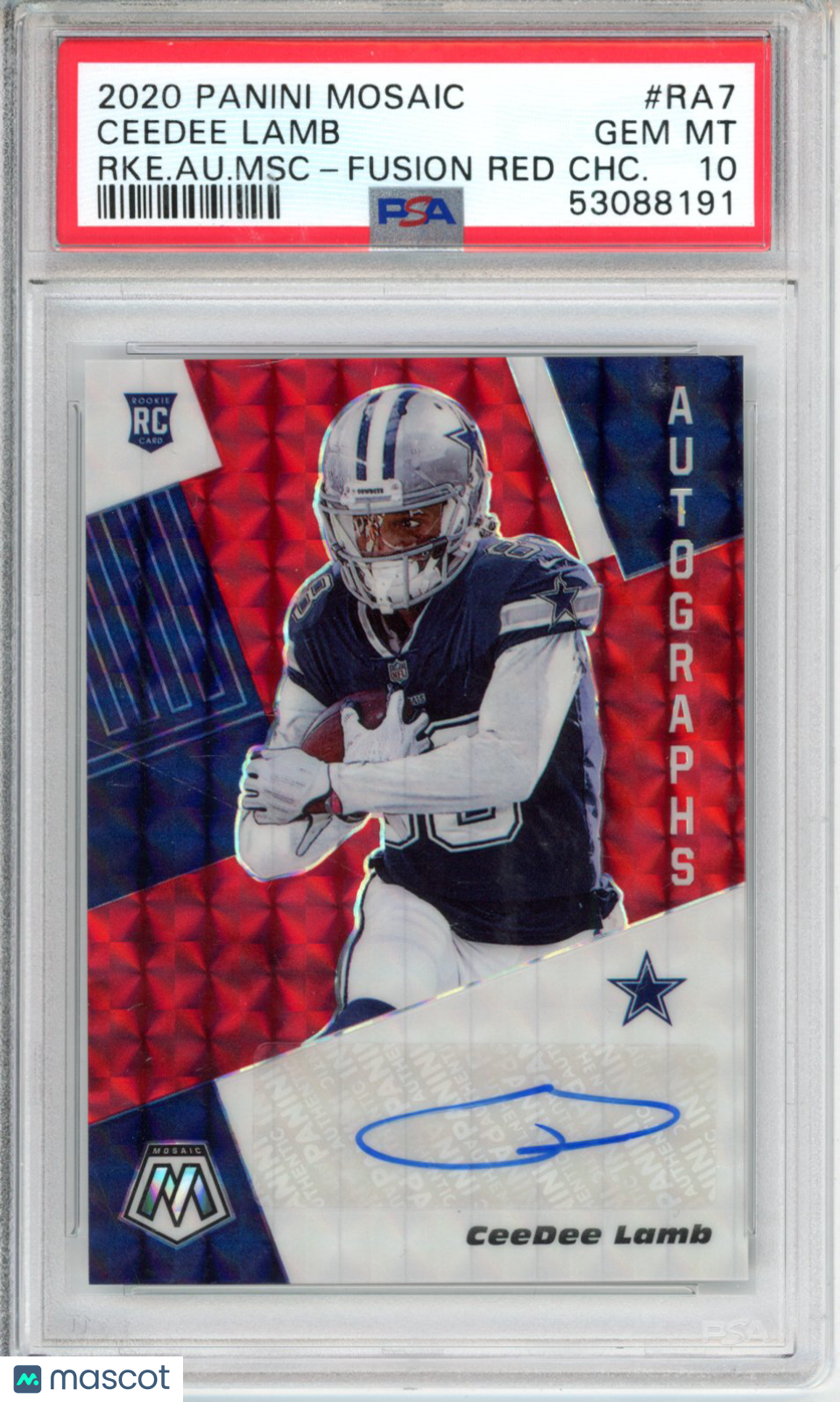 2020 Panini Mosaic Rookie Autographs Mosaic Ceedee Lamb #RA7 RKE. Au. MSC Fusion Red CHC. PSA 10
