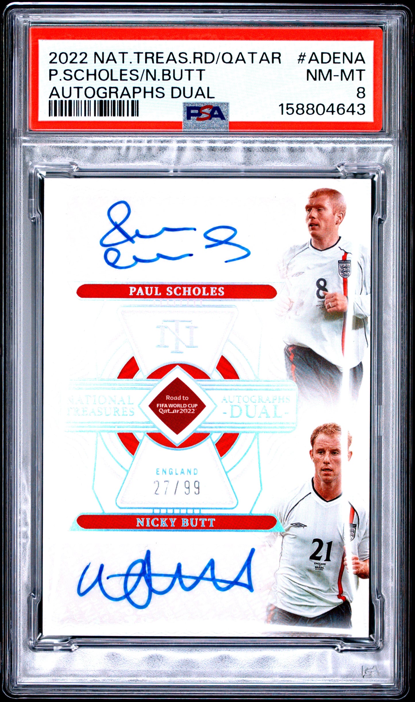 2022 unknown unknown Panini National Treasures FIFA Road to World Cup Qatar Autographs Dual Nicky Butt/Paul Scholes ADENA English PSA 8