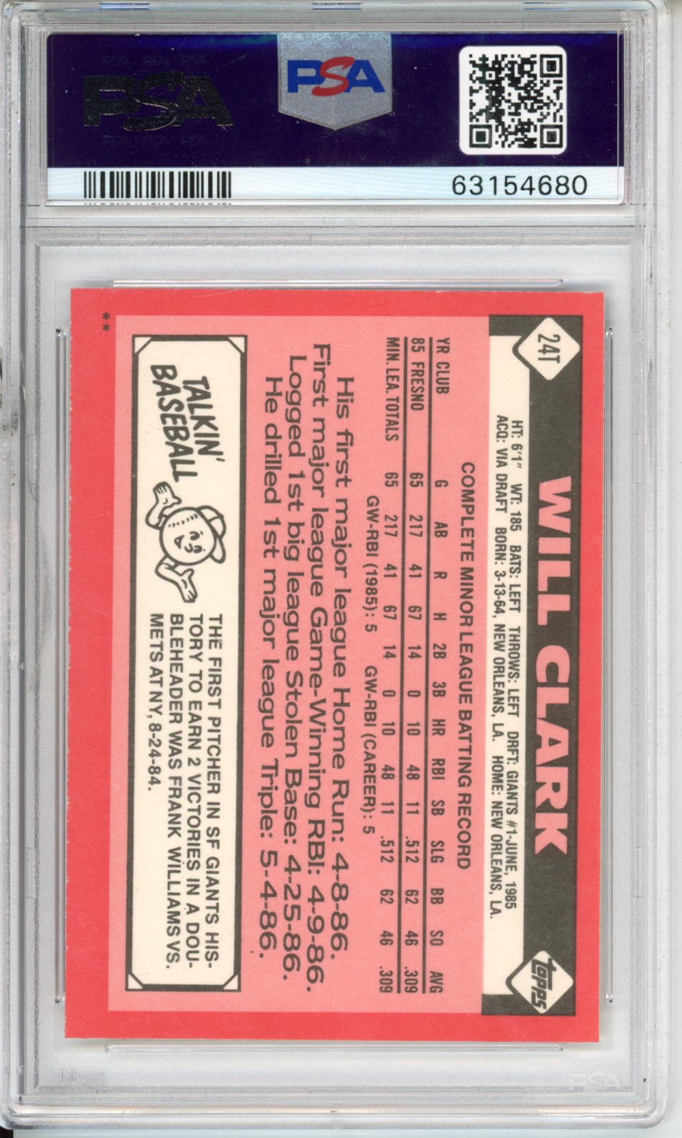 1986 Topps Traded Will Clark #24T PSA 10