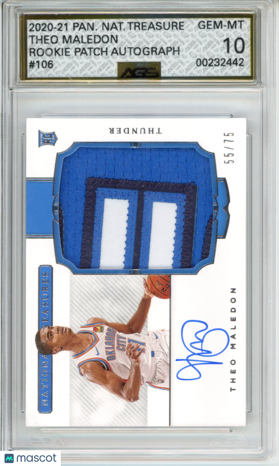 2020-21 National Treasures THEO MALEDON #106 ROOKIE PATCH AUTO HORIZONTAL /75 AGS 10