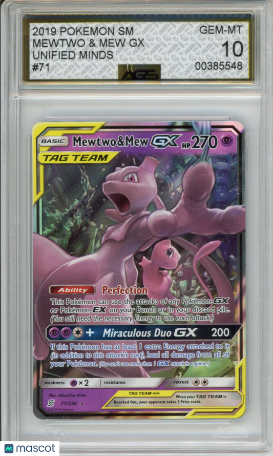 2019 Pokemon Unified Minds Mewtwo & Mew GX #071 AGS 10