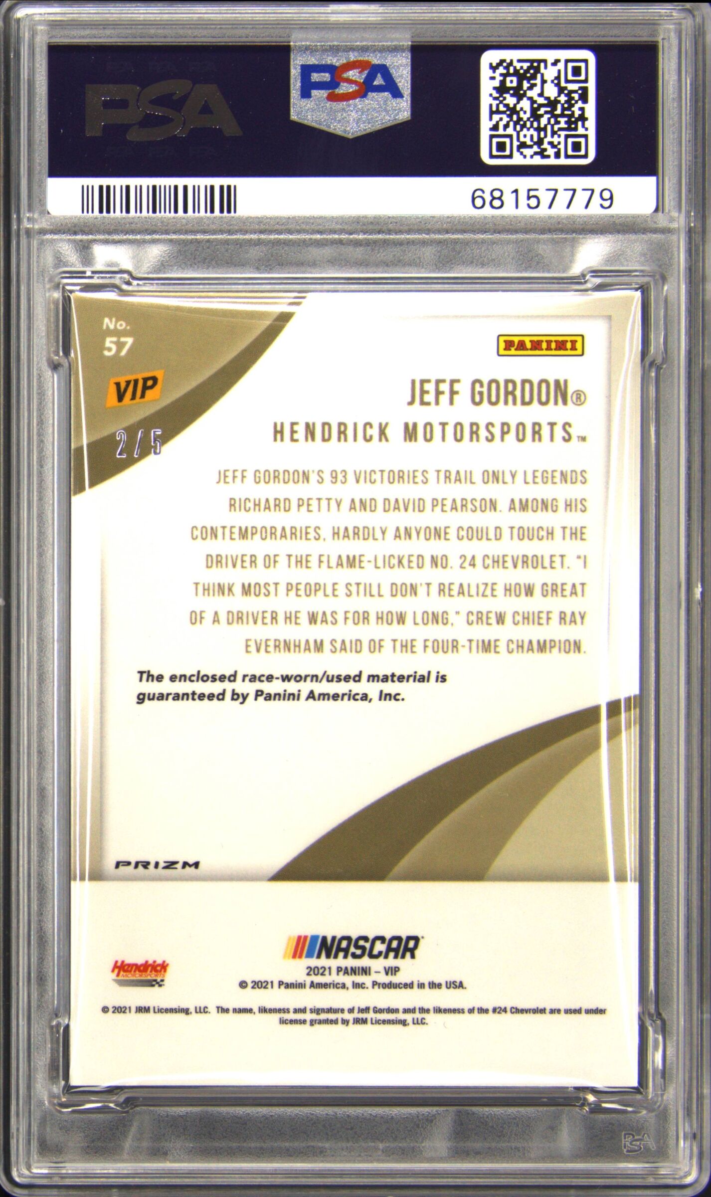 2022 Panini National VIP Memorabilia #57 Jeff Gordon Black 2/5 PSA 9