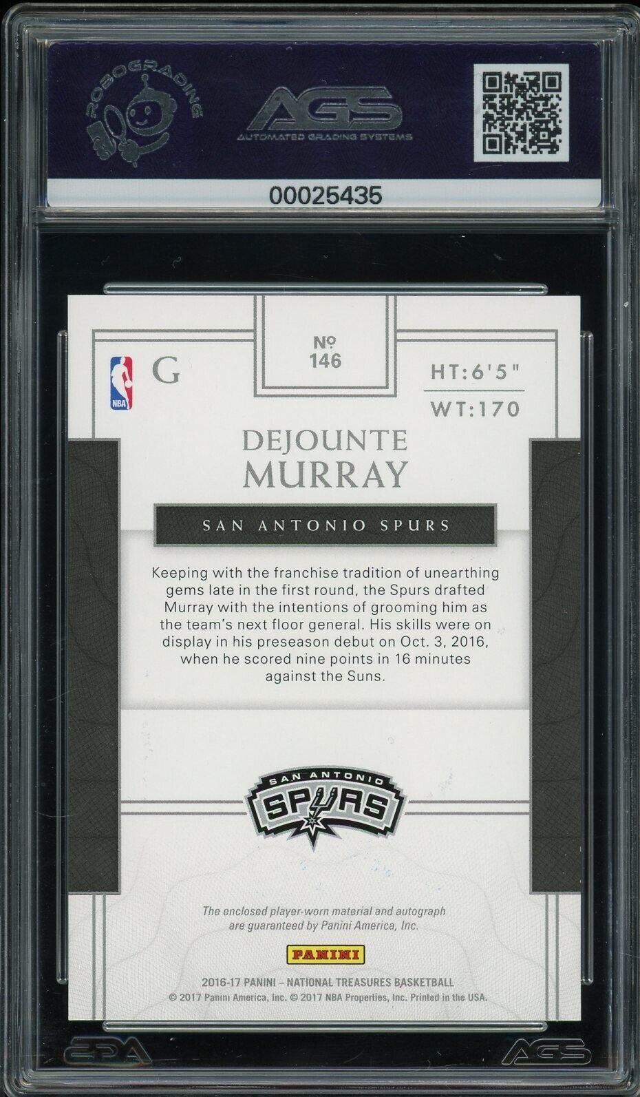 2016-17 Panini National Treasures Dejounte Murray #146 Patch Auto Unreleased AGS