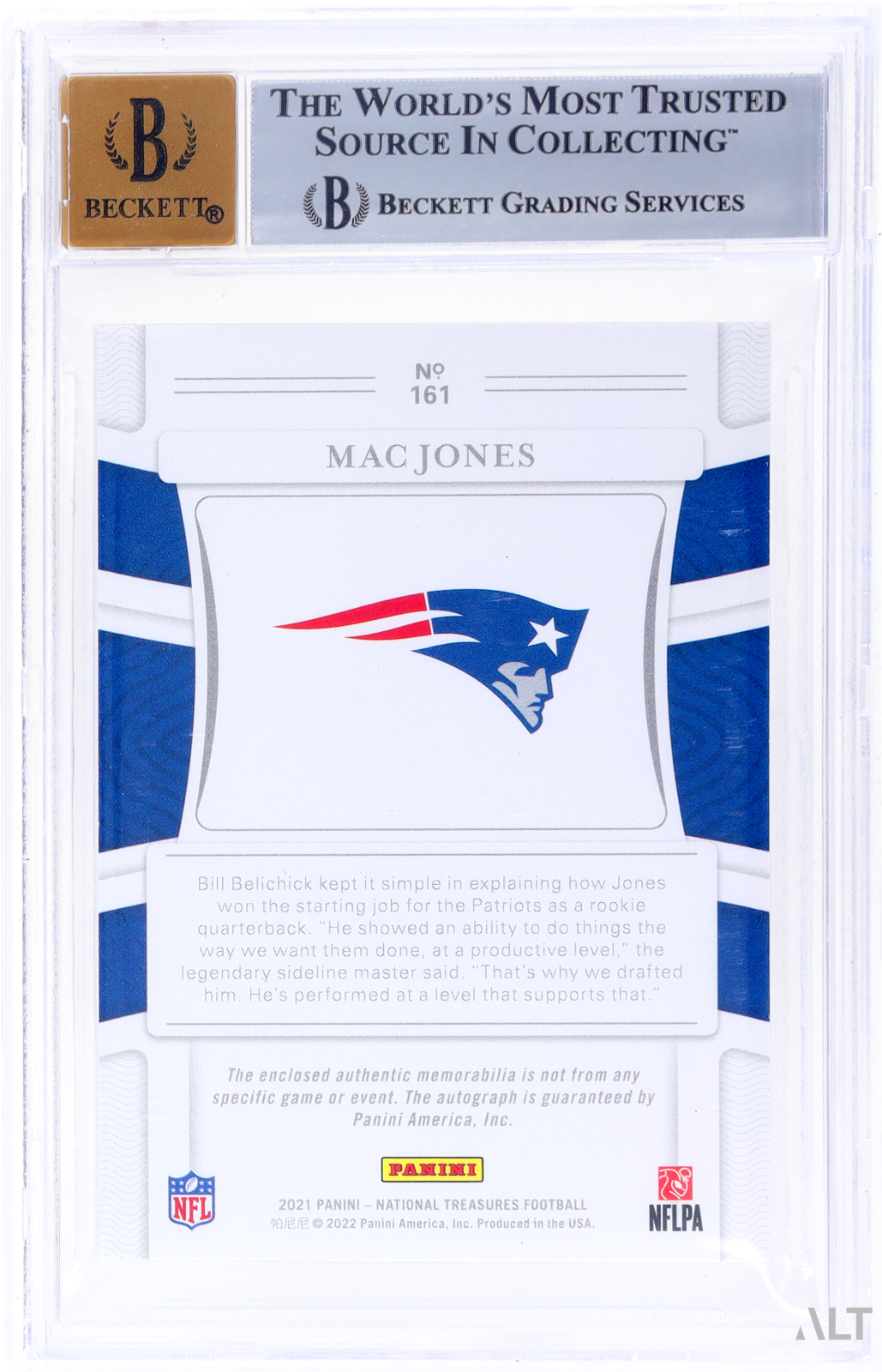 2021 National Treasures Mac Jones #161 Holo Gold Rookie Patch Auto RPA /10 BGS 9