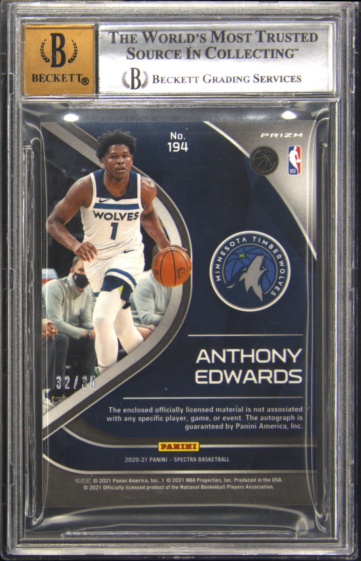 2020-21 Panini Spectra Astral #194 Anthony Edwards Rookie RC Auto /35 BGS BAS 9
