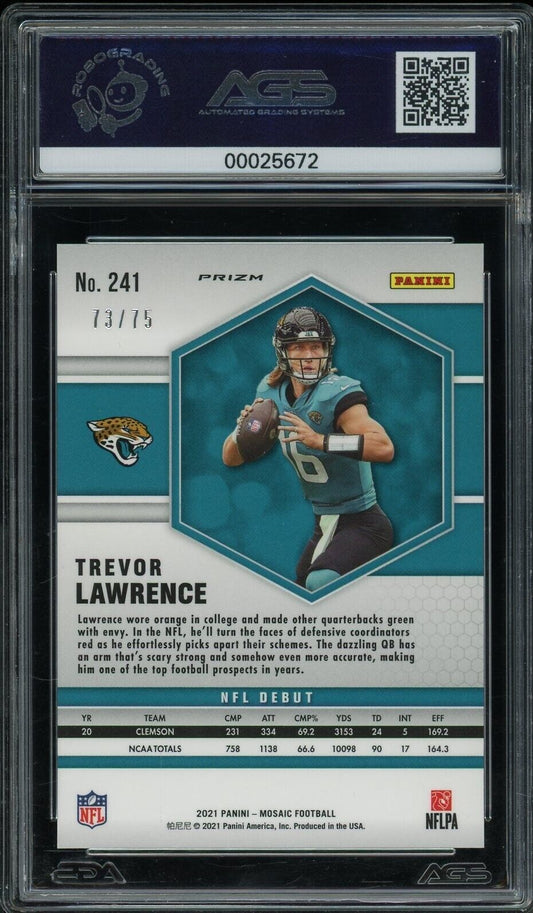 2021 Panini Mosiac Trevor Lawrence #241 Rookie Blue No Huddle Mosiac AGS 10