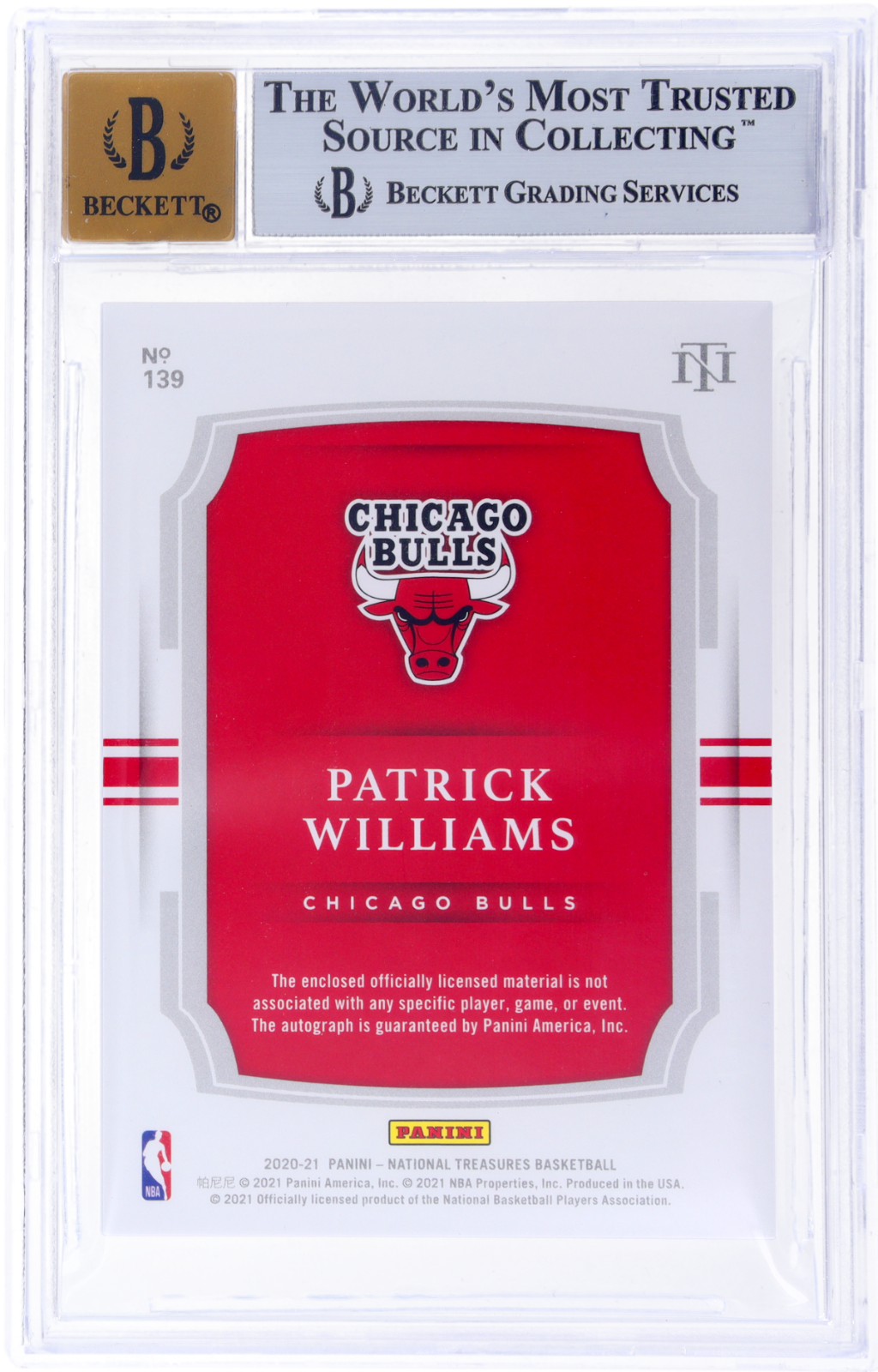 Panini National Treasures Patrick Williams #139 Jersey Auto BGS 9 Auto 10