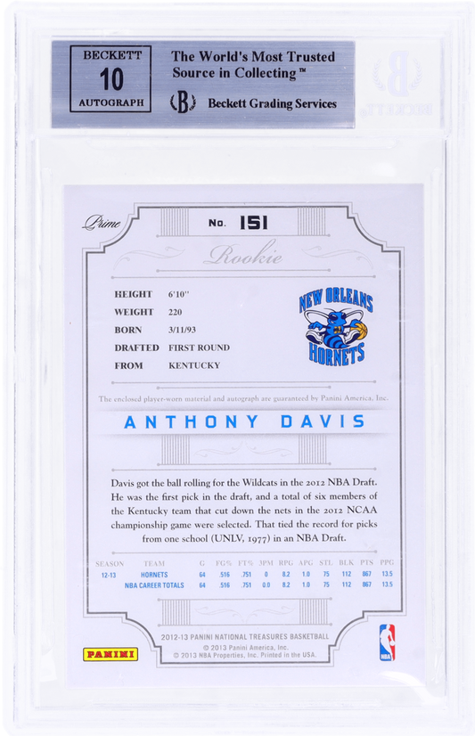 Panini National Treasures Anthony Davis #151 Rookie Patch Auto BGS 9 Auto 10