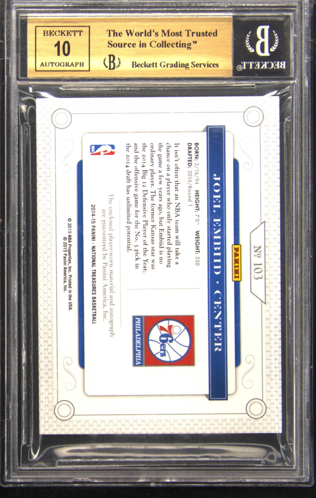2014-15 National Treasures Rookie Patch Auto #103 Joel Embiid RC /10 BGS BAS 9.5