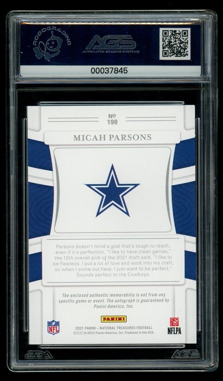 2021 National Treasures Micah Parsons #198 Rookie Patch Auto Silver AGS 9 RPA /25