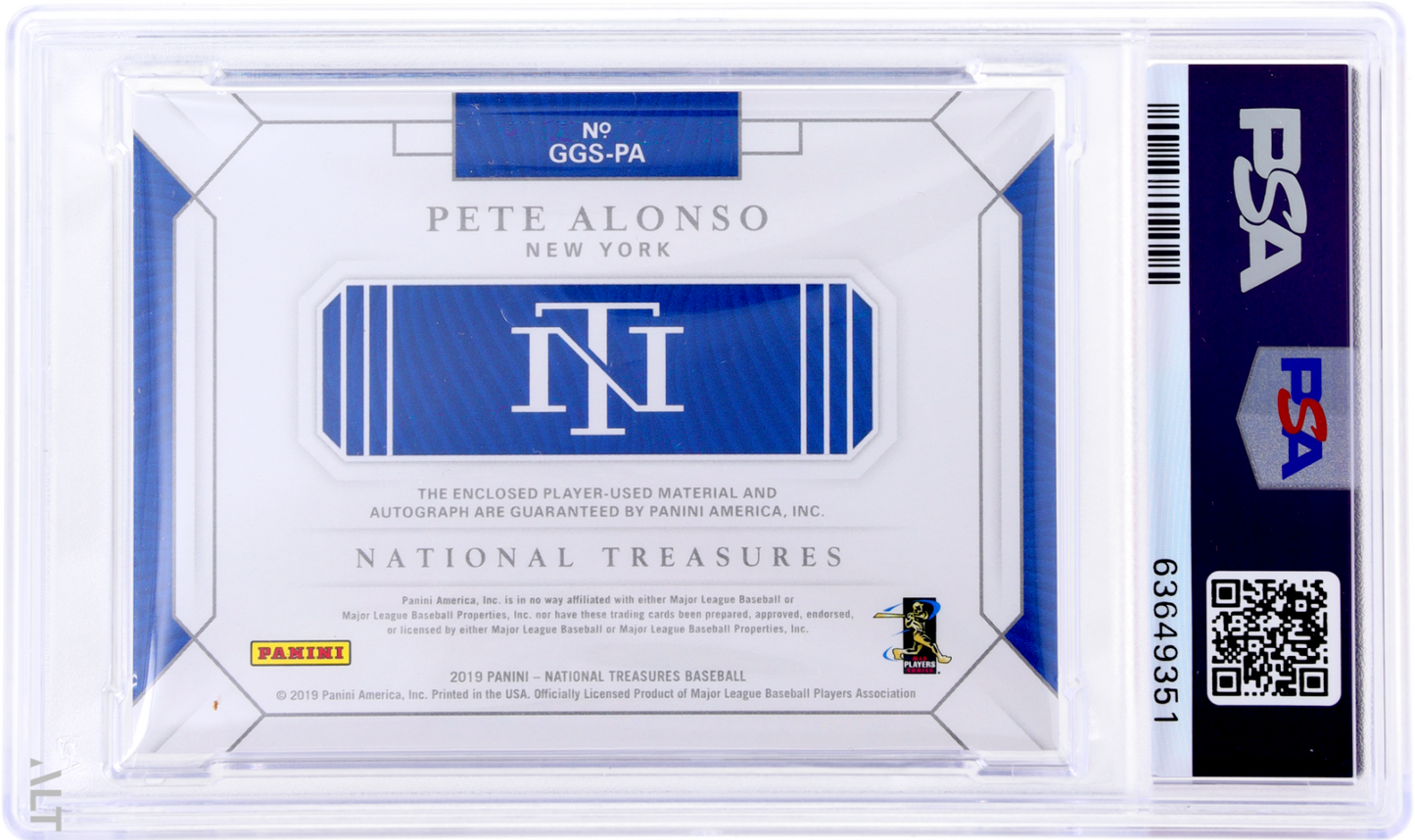 2019 National Treasures Pete Alonso #PA Game Gear Auto RPA /10 PSA 9