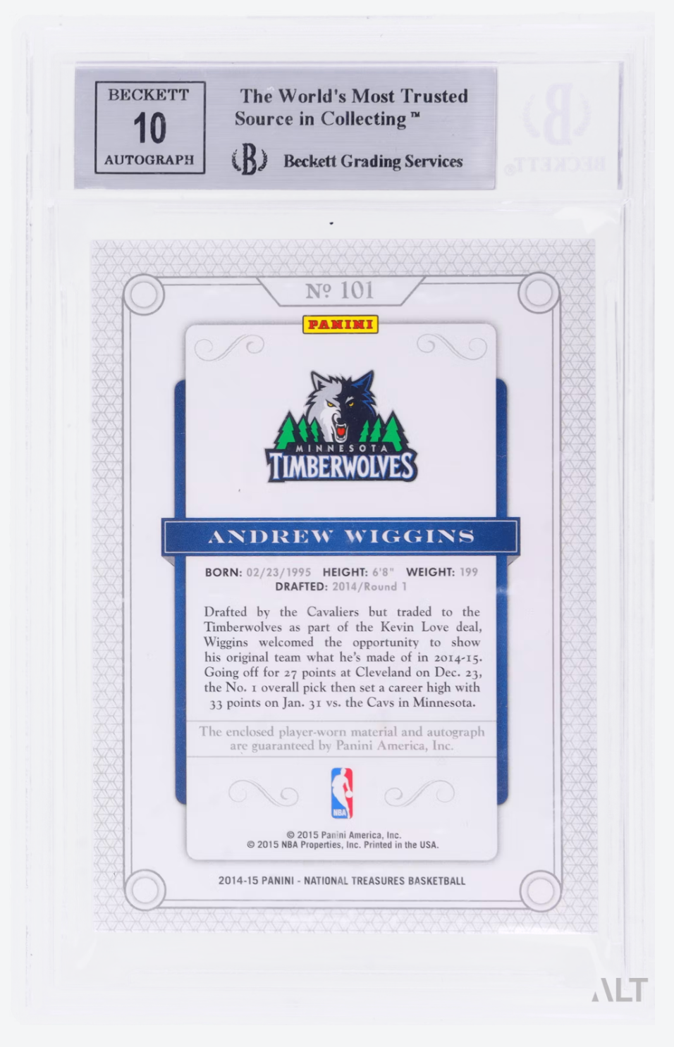 2014 Panini National Treasures Andrew Wiggins #101 Jersey /99 BGS 9 Auto 10