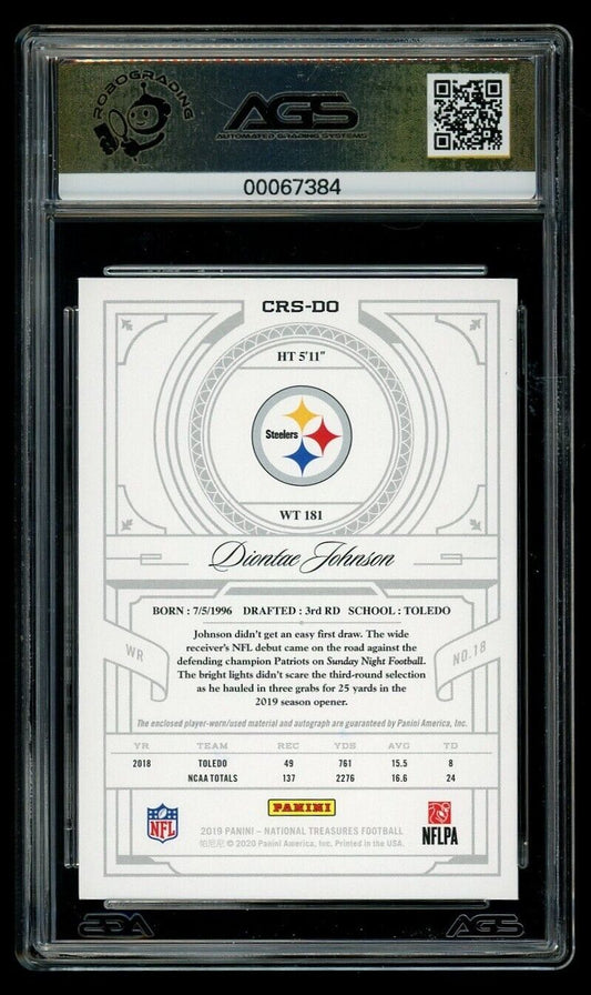 2019 National Treasures Diontae Johnson #CRS-DO Rookie Patch Auto /99 AGS 9.5