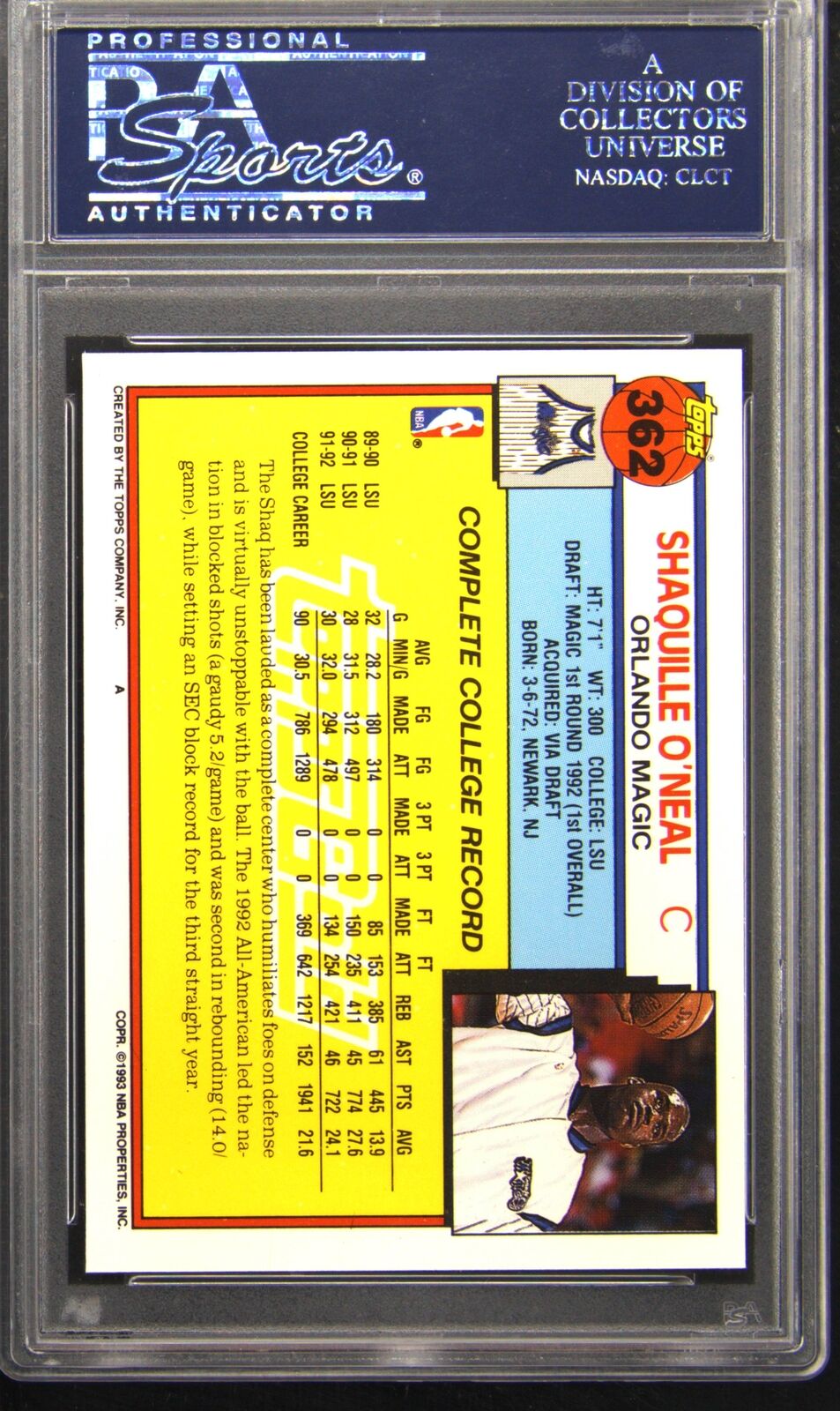 1992 Topps Gold #362 Shaquille O'Neal PSA 10 Gem Mint