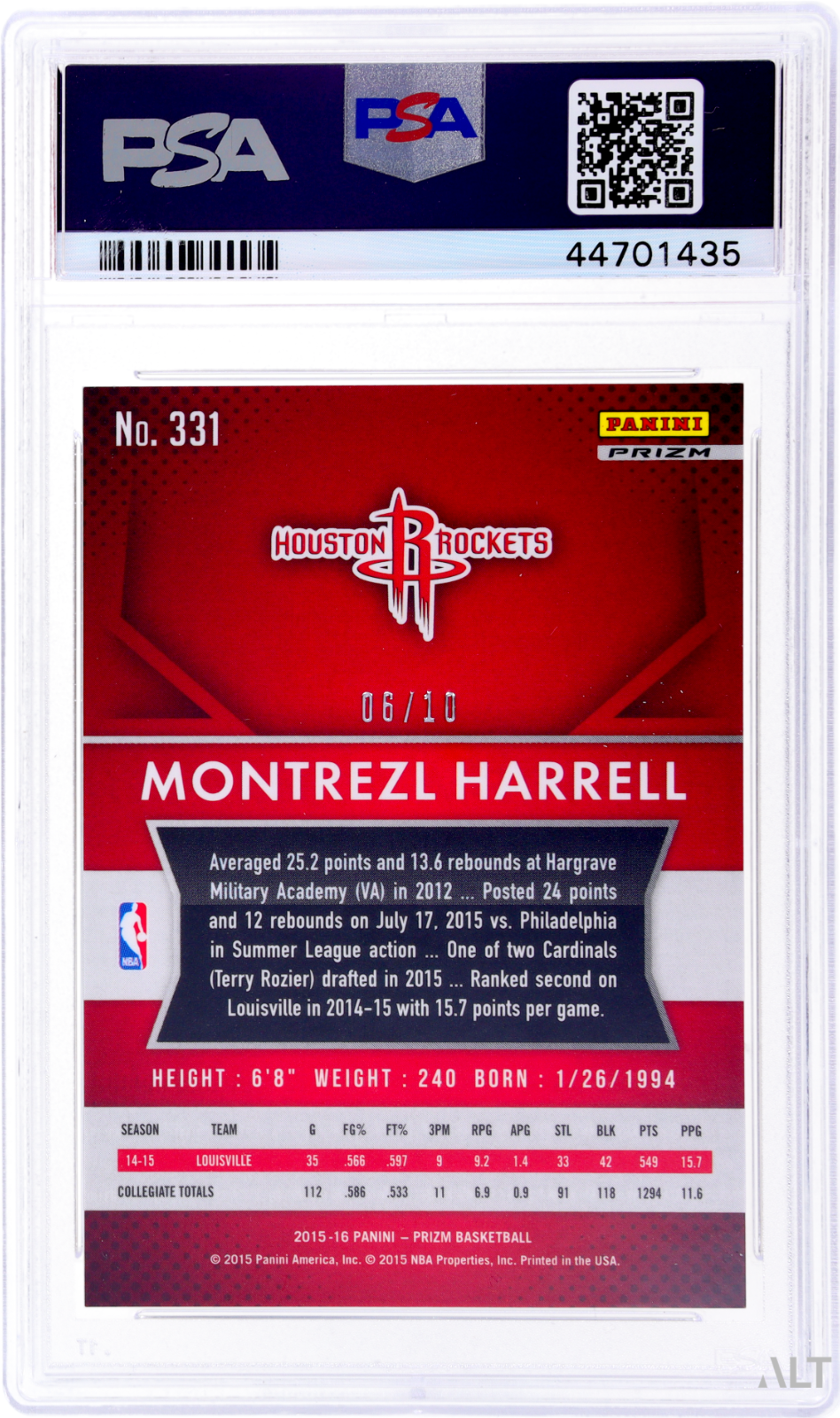 2015 Panini Prizm Montrezl Harrell #331 Gold Prizm /10 PSA 10
