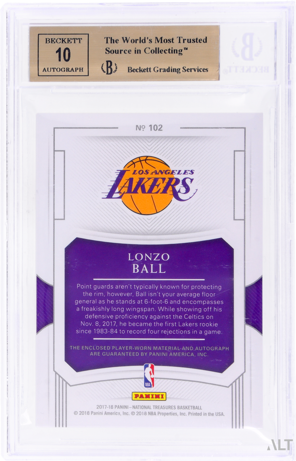 2017 PANINI NATIONAL TREASURES ROOKIE PATCH AUTOGRAPH LONZO BALL #102 BGS 9.5