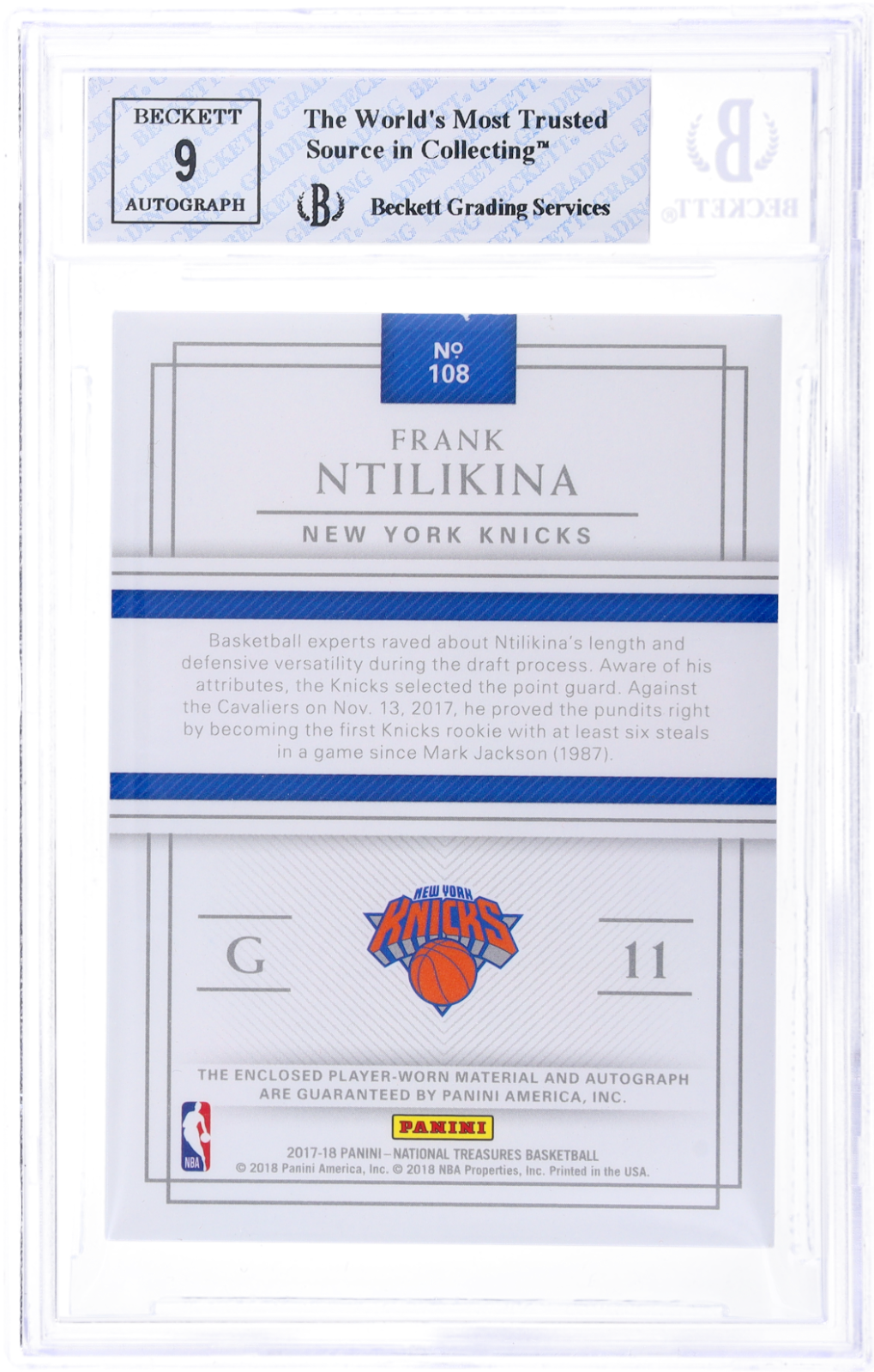 2017-2018 National Treasures Frank Ntilikina Rookie Patch Auto Logoman 1/1 BGS 8