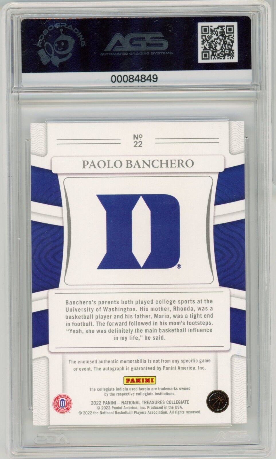2022 National Treasures Paolo Banchero Rookie Patch Auto NIKE Logo 1/1 AGS 9 RPA RC