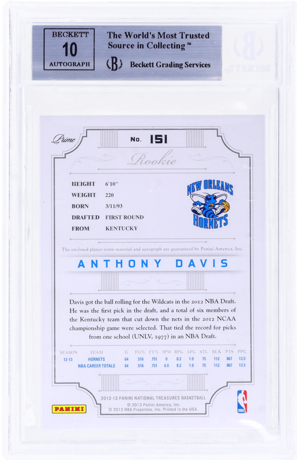 Panini National Treasures Anthony Davis #151 Rookie Patch Auto BGS 9 Auto 10