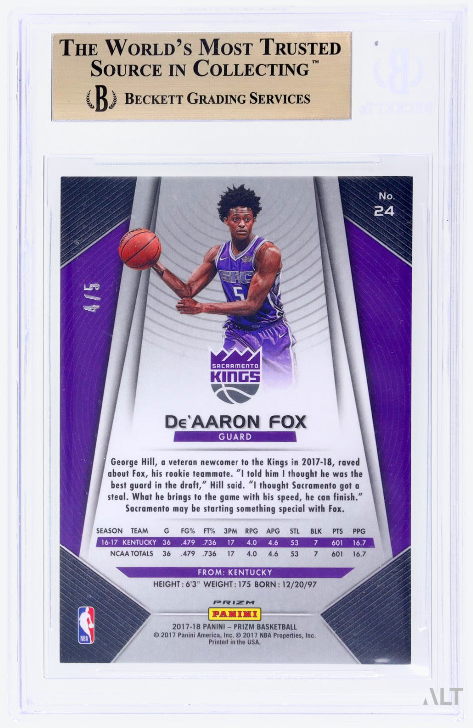 2017 Panini Prizm De'Aaron Fox #24 Neon Green /5 BGS 9.5