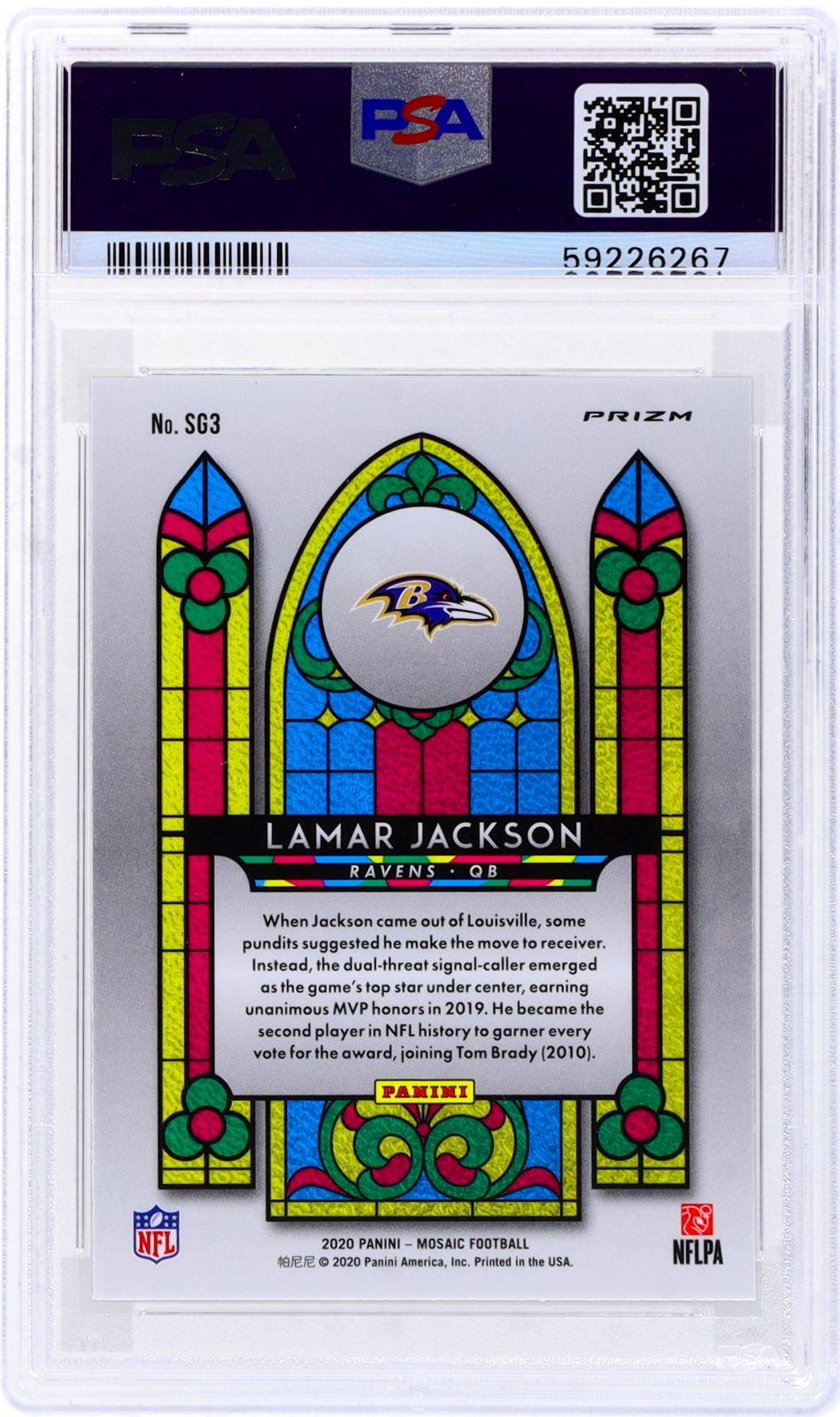 2020 Panini Mosaic Lamar Jackson #SG3 Stained Glass PSA 10