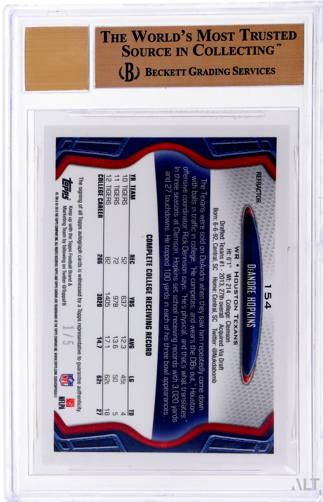 2013 Topps Chrome DeAndre Hopkins #154 Rookie Auto Red Refractors /5 BGS 9.5 RPA