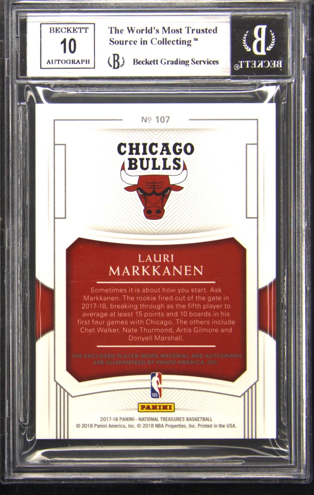 2017-18 National Treasures Rookie Patch Auto #107 Lauri Markkanen /15 BGS BAS 9