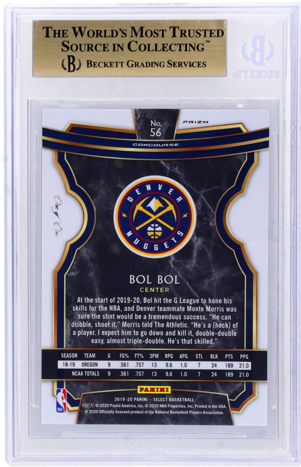 2019 Select Prizms Black Bol Bol #56 Prizms Black 1/1 BGS 9.5