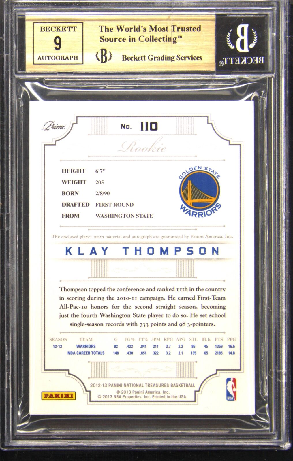 2012-13 National Treasures Patch Auto #110 Klay Thompson RC /199 BGS BAS 9.5