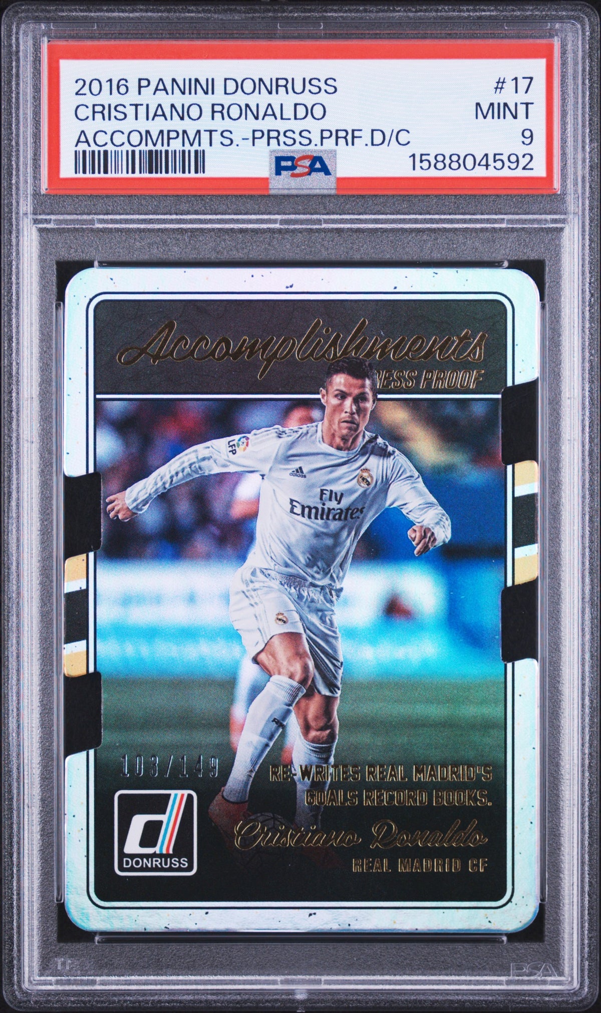 2016 Panini Donruss Accomplishments Cristiano Ronaldo Press Proof Die-Cut 17 English PSA 9