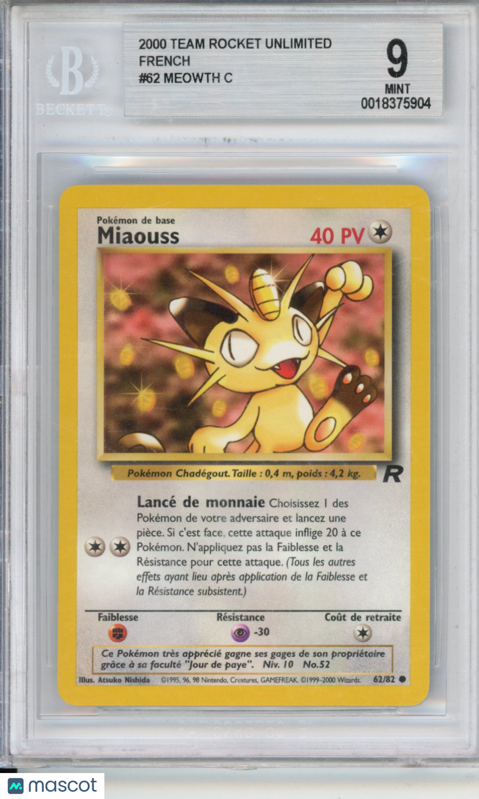 2000 Pokemon Team Rocket Unlimited French Meowth C #62 BGS 9