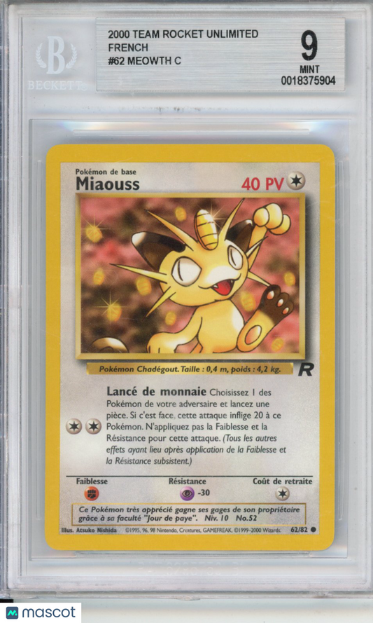 2000 Pokemon Team Rocket Unlimited French Meowth C #62 BGS 9