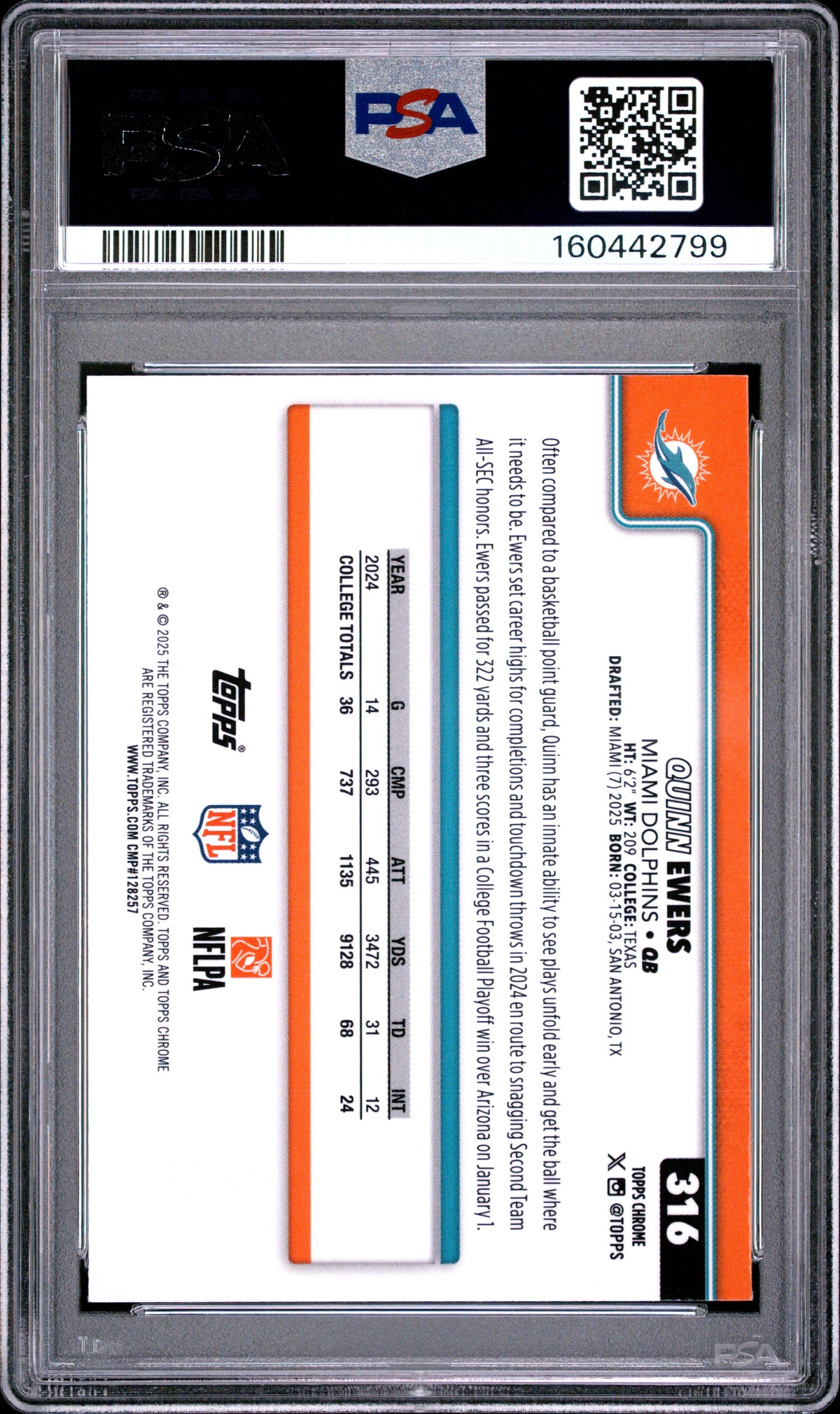 2025 Topps Chrome Football Quinn Ewers #316 Teal Wave Refractor English PSA 9