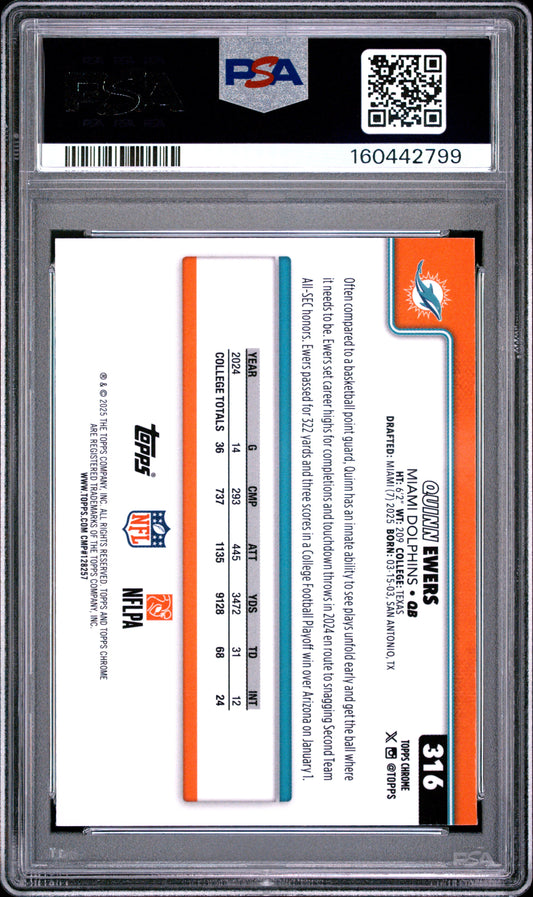 2025 Topps Chrome Football Quinn Ewers #316 Teal Wave Refractor English PSA 9