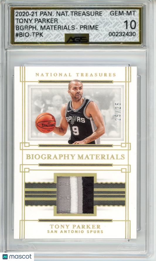 2020-21 National Treasures TONY PARKER #BIO-TPK BIOGRAPHY MATERIALS AGS 10