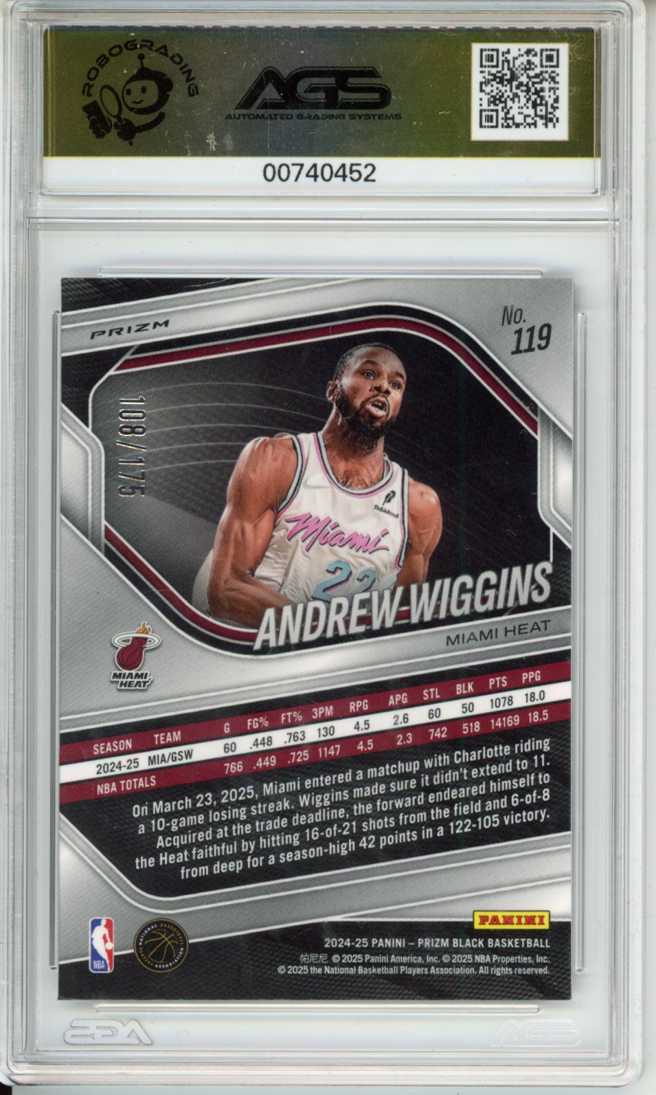 Basketball 2024-25 PANINI PRIZM BLACK ANDREW WIGGINS #119 WHITE PRIZM AGS 10