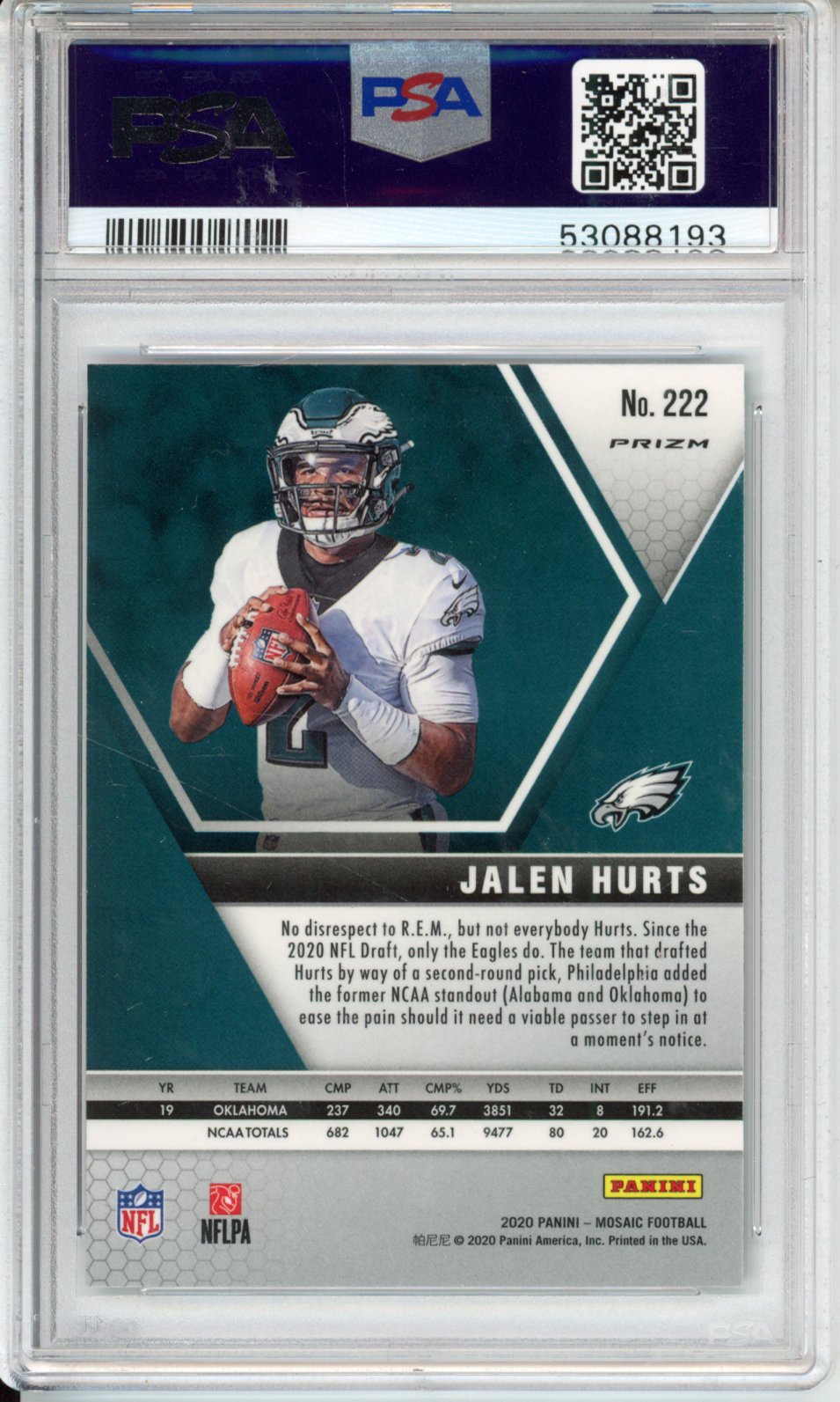 2020 Panini Mosaic Jalen Hurts #222 Red Green Choice PSA 9