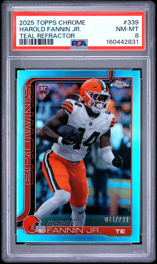 2025 Topps Chrome Football Harold Fannin Jr. #339 Teal Refractor English PSA 8