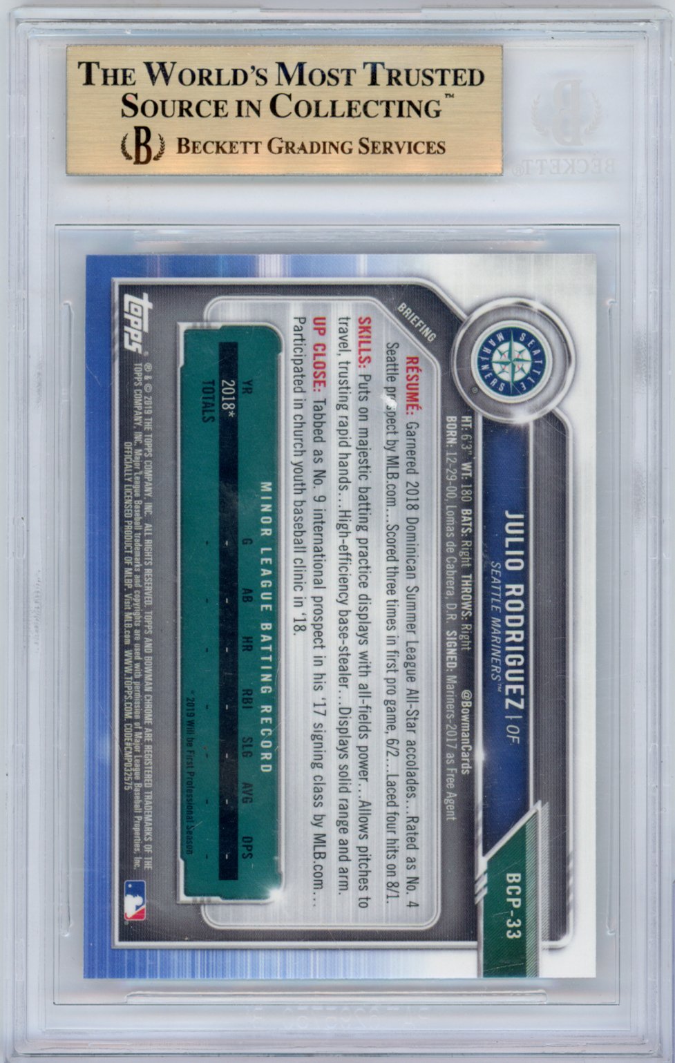 2019 Bowman Bowman Julio Rodriguez Bowman Chrome Prospects Baseball #BCP-33 Base BGS 9.5