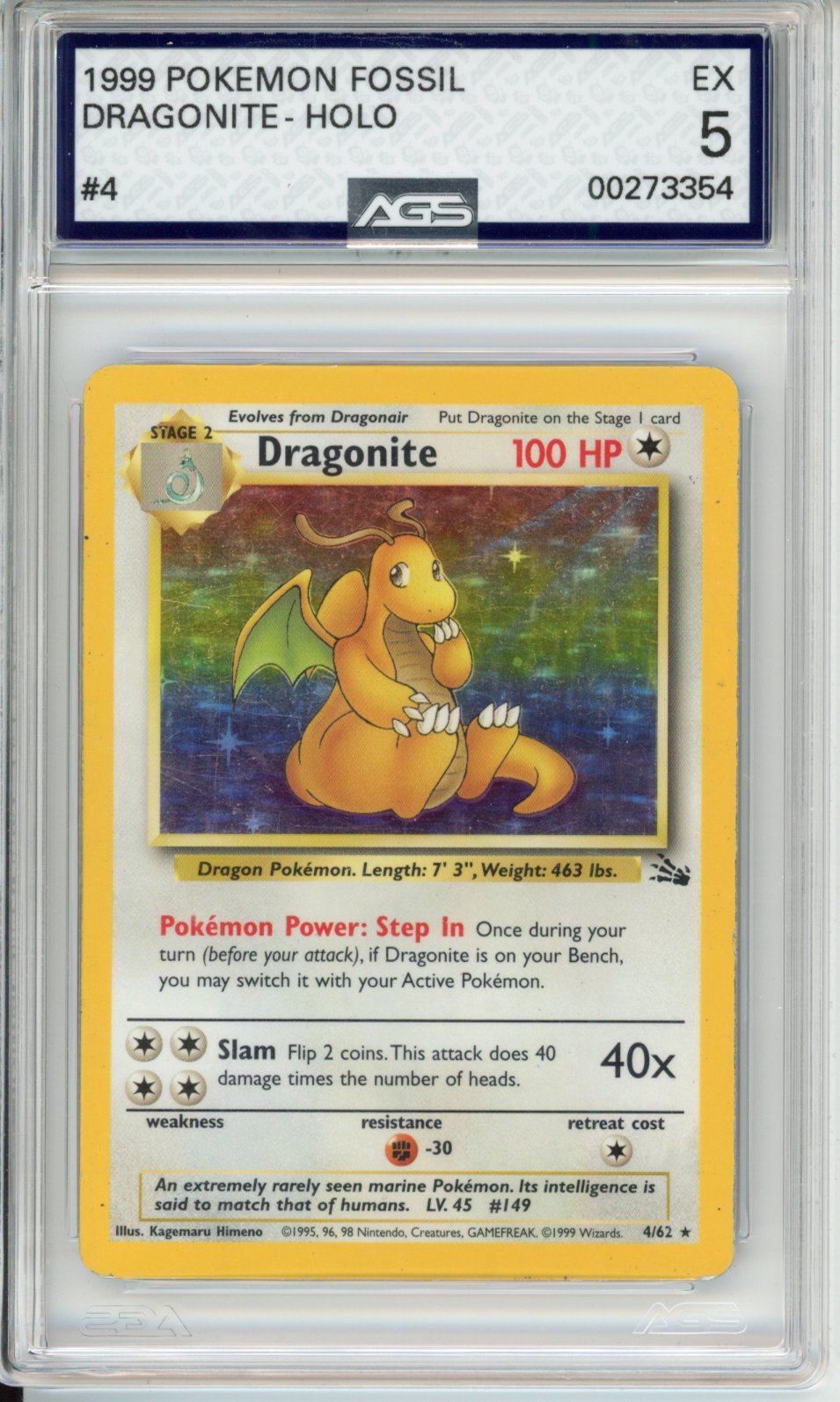 1999 Fossil Dragonite #4 AGS 5
