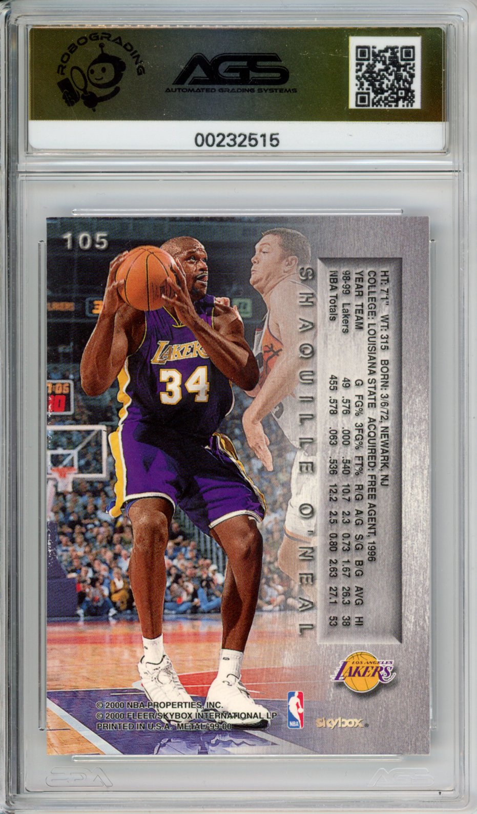 Basketball 1999-2000 Skybox Metal SHAQUILLE O'NEAL #105 AGS 10